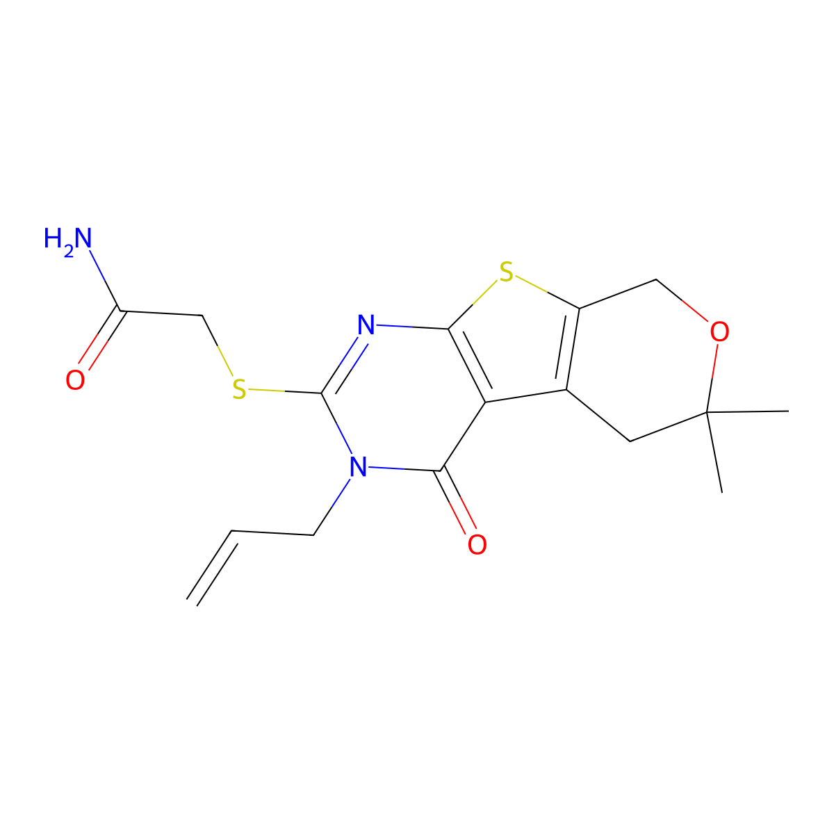 2-[(3-allyl-6,6-dimethyl-4-oxo-3,5,6,8-tetrahydro-4H-pyrano[4',3':4,5]thieno[2,3-d]pyrimidin-2-yl)sulfanyl]acetamide molecular structure, CAS 327169-41-5