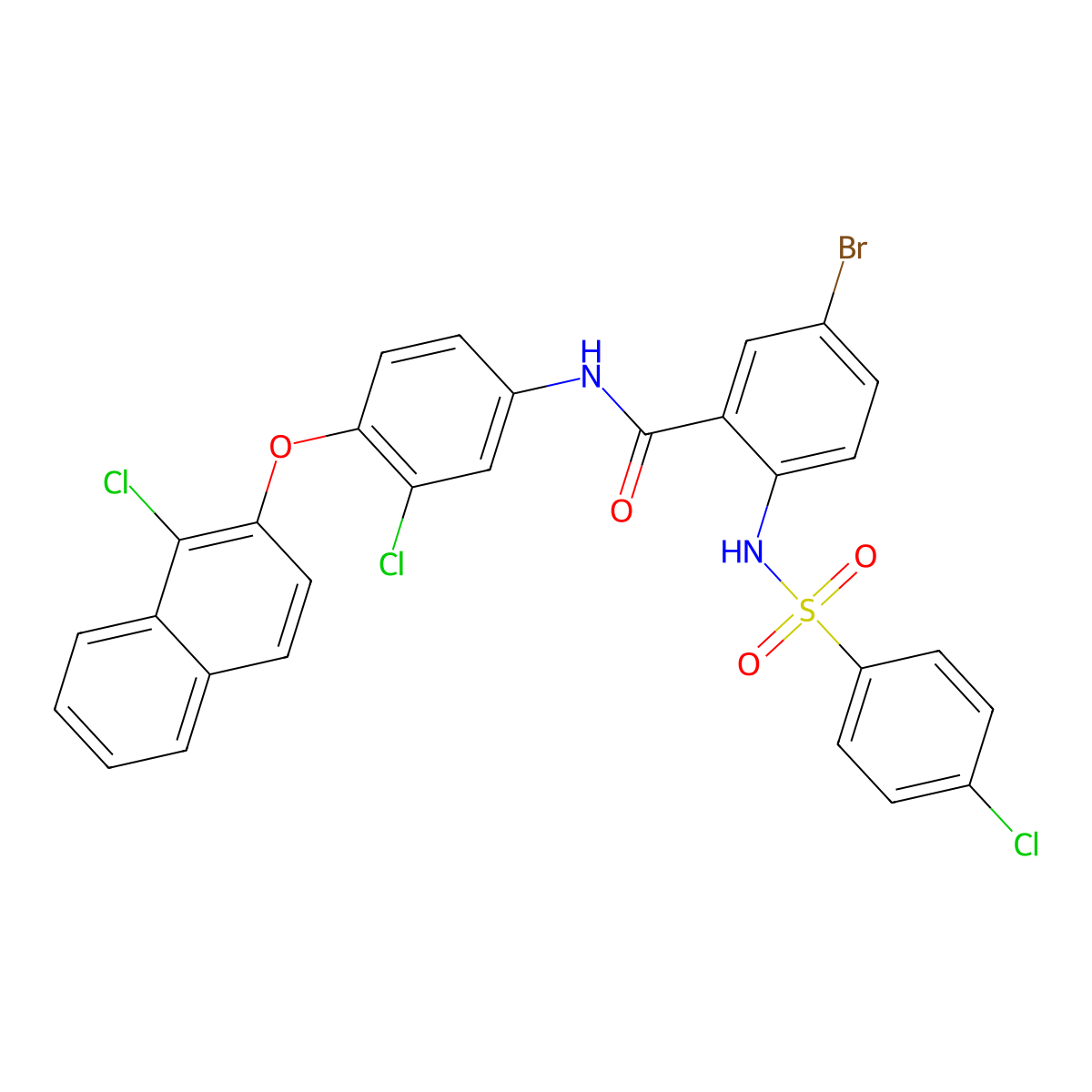5-bromo-N-{3-chloro-4-[(1-chloronaphthalen-2-yl)oxy]phenyl}-2-{[(4-chlorophenyl)sulfonyl]amino}benzamide molecular structure, CAS 327169-45-9