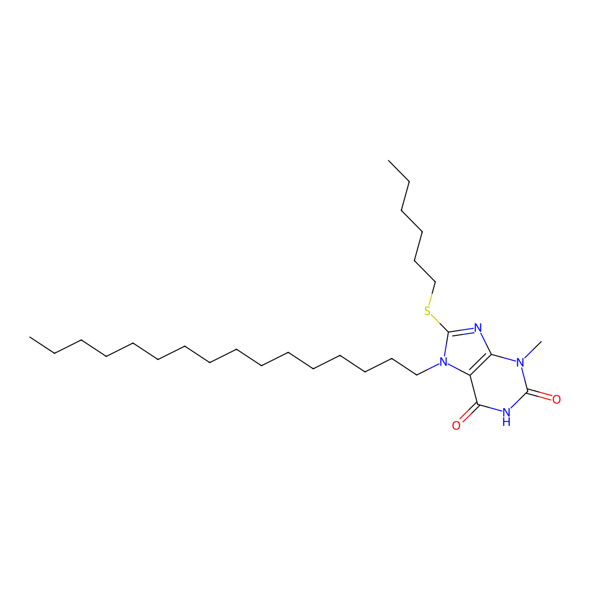 7-hexadecyl-8-(hexylsulfanyl)-3-methyl-3,7-dihydro-1H-purine-2,6-dione molecular structure, CAS 327169-46-0