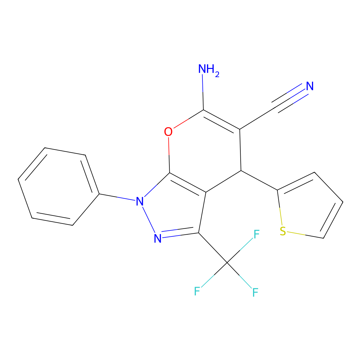 6-Amino-1-phenyl-4-(thiophen-2-yl)-3-(trifluoromethyl)-1,4-dihydropyrano[2,3-c]pyrazole-5-carbonitrile molecular structure, CAS 327169-68-6