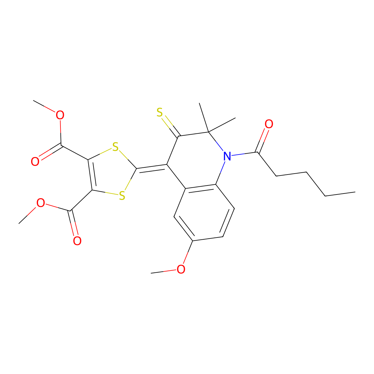 Dimethyl 2-(6-methoxy-2,2-dimethyl-1-pentanoyl-3-sulfanylidenequinolin-4-ylidene)-1,3-dithiole-4,5-dicarboxylate molecular structure, CAS 327170-06-9