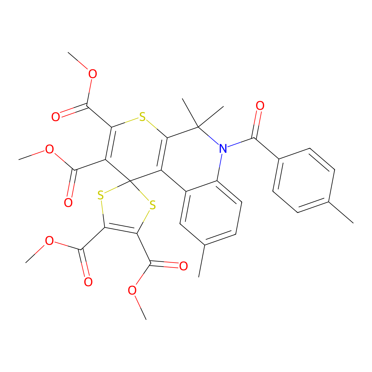 Tetramethyl 5',5',9'-trimethyl-6'-(4-methylbenzoyl)spiro[1,3-dithiole-2,1'-thiopyrano[2,3-c]quinoline]-2',3',4,5-tetracarboxylate molecular structure, CAS 327170-15-0