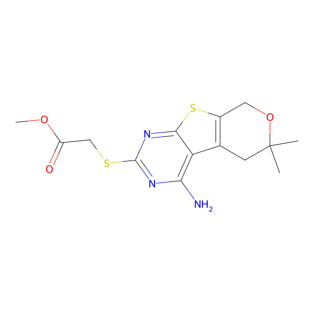 methyl [(4-amino-6,6-dimethyl-5,8-dihydro-6H-pyrano[4',3':4,5]thieno[2,3-d]pyrimidin-2-yl)sulfanyl]acetate molecular structure, CAS 327170-27-4