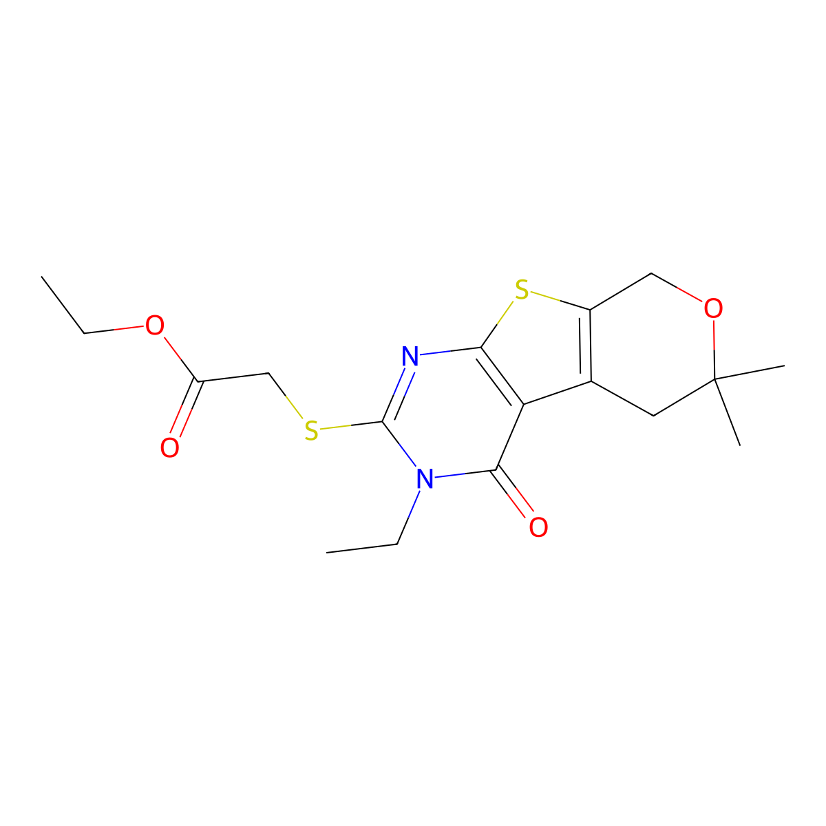 ethyl [(3-ethyl-6,6-dimethyl-4-oxo-3,5,6,8-tetrahydro-4H-pyrano[4',3':4,5]thieno[2,3-d]pyrimidin-2-yl)sulfanyl]acetate molecular structure, CAS 327170-43-4
