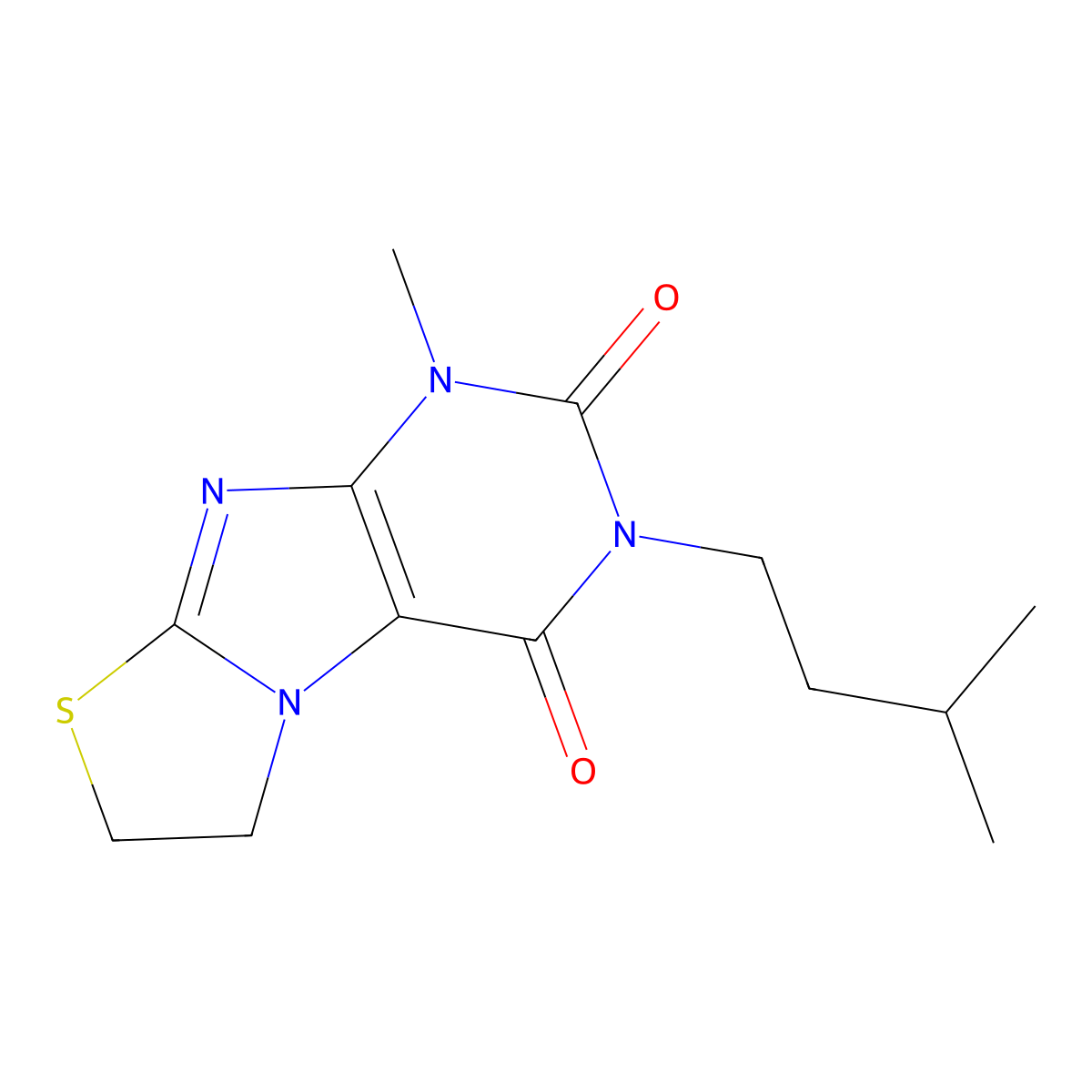 1-Methyl-3-(3-methyl-butyl)-6,7-dihydro-1H-thiazolo[2,3-f]purine-2,4-dione molecular structure, CAS 327170-50-3