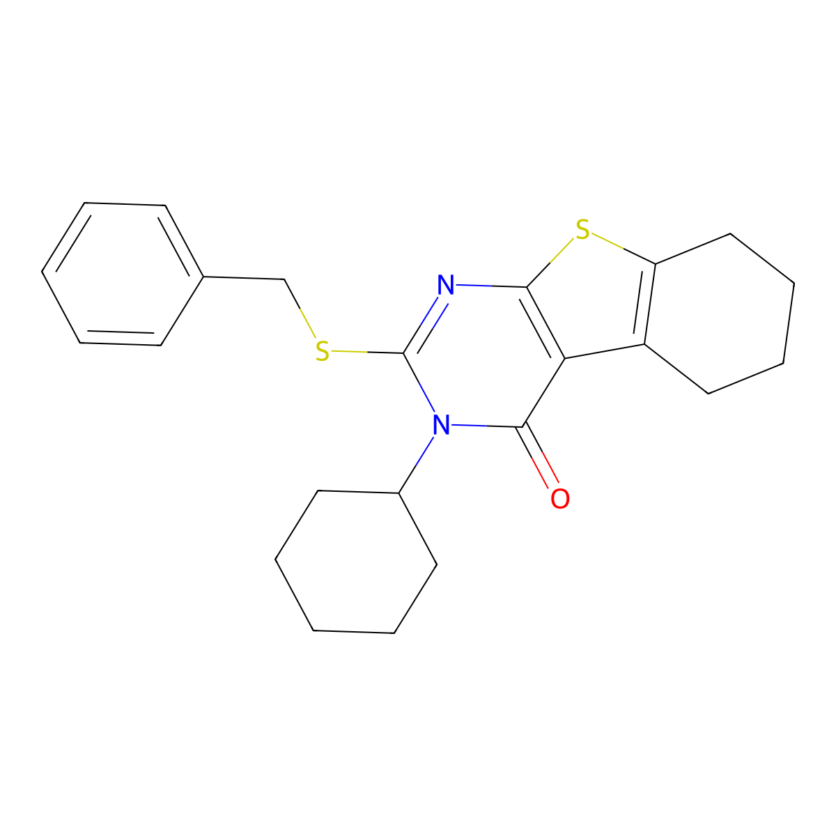 2-(benzylsulfanyl)-3-cyclohexyl-5,6,7,8-tetrahydro[1]benzothieno[2,3-d]pyrimidin-4(3H)-one molecular structure, CAS 327170-71-8