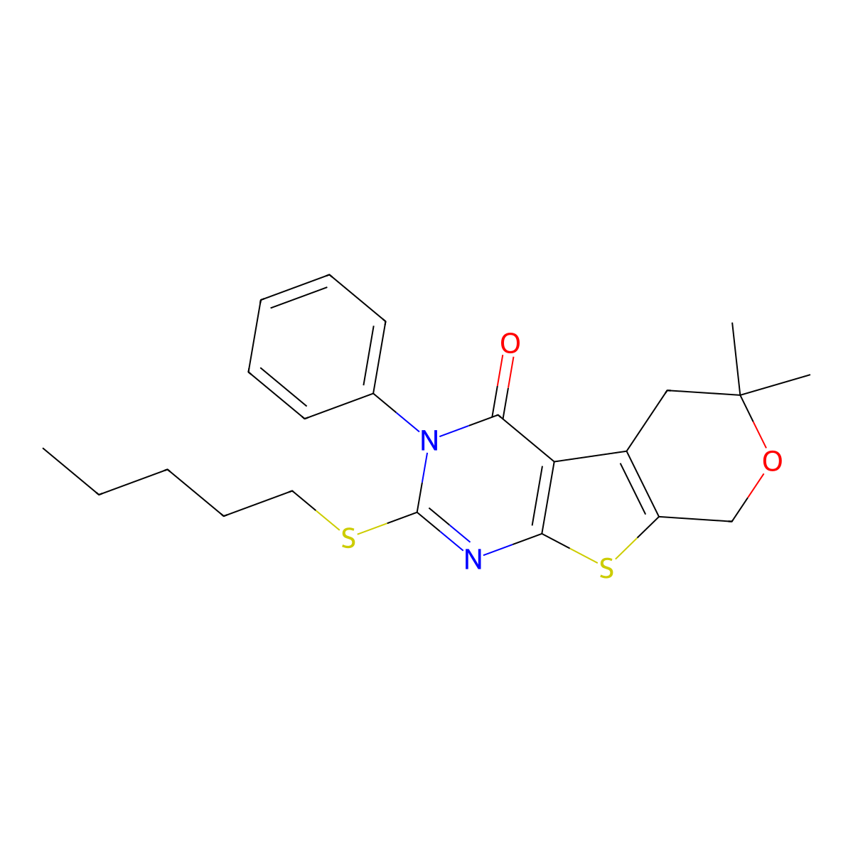 6,6-dimethyl-2-(pentylsulfanyl)-3-phenyl-3,5,6,8-tetrahydro-4H-pyrano[4',3':4,5]thieno[2,3-d]pyrimidin-4-one molecular structure, CAS 327171-01-7