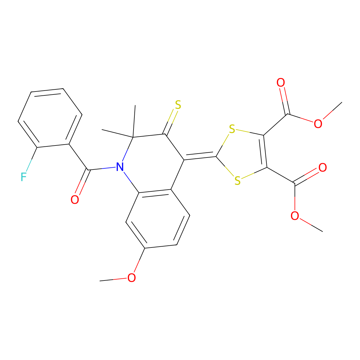 dimethyl 2-(1-(2-fluorobenzoyl)-7-methoxy-2,2-dimethyl-3-thioxo-2,3-dihydro-4(1H)-quinolinylidene)-1,3-dithiole-4,5-dicarboxylate molecular structure, CAS 327171-03-9
