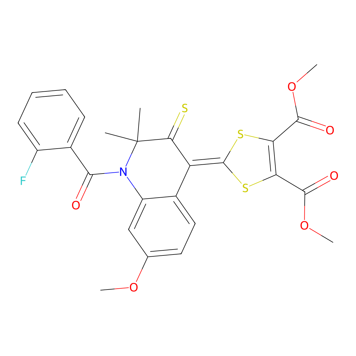 dimethyl 2-(1-(2-fluorobenzoyl)-7-methoxy-2,2-dimethyl-3-thioxo-2,3-dihydro-4(1H)-quinolinylidene)-1,3-dithiole-4,5-dicarboxylate molecular structure, CAS 327171-03-9