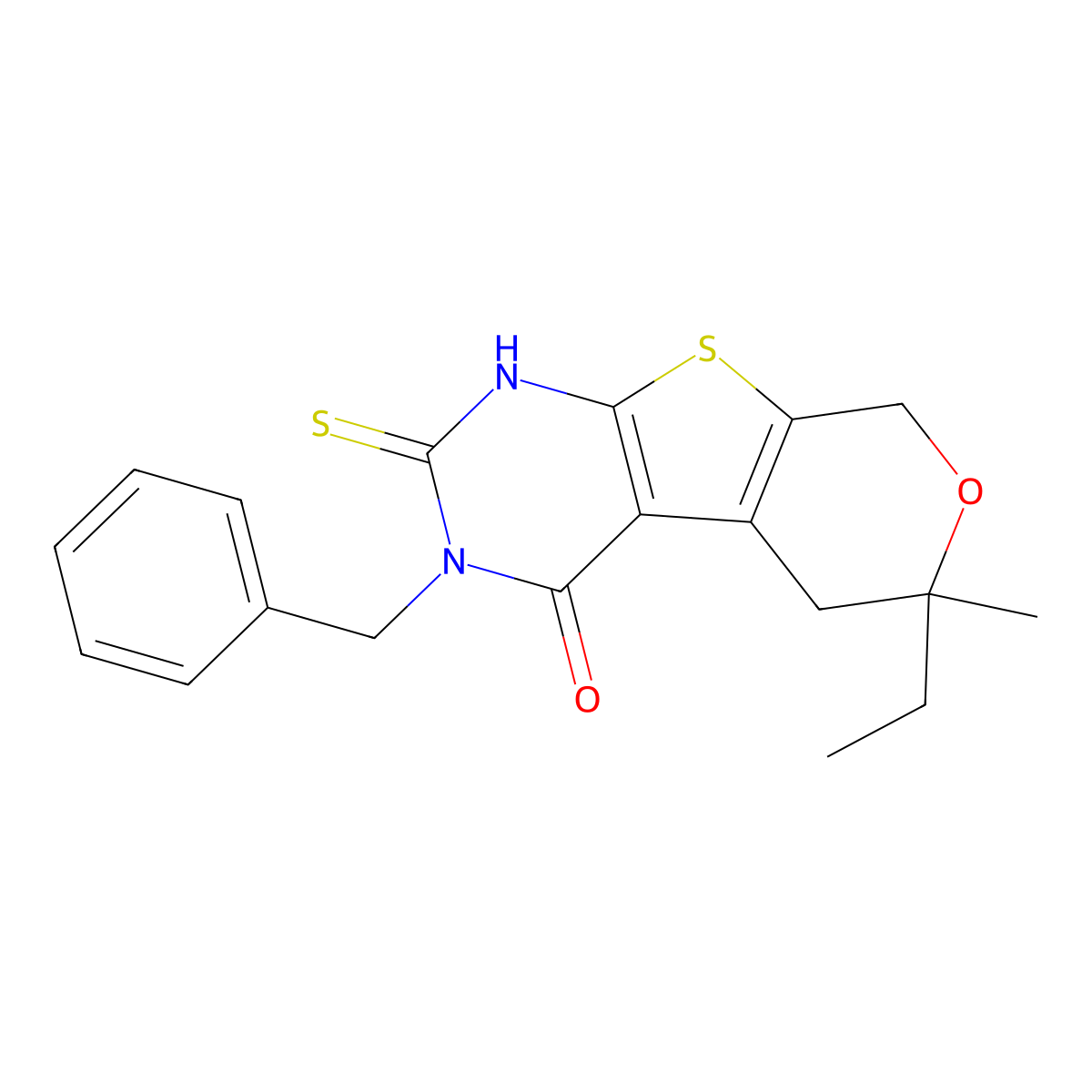3-benzyl-6-ethyl-6-methyl-2-thioxo-1,2,3,5,6,8-hexahydro-4H-pyrano[4',3':4,5]thieno[2,3-d]pyrimidin-4-one molecular structure, CAS 327171-06-2