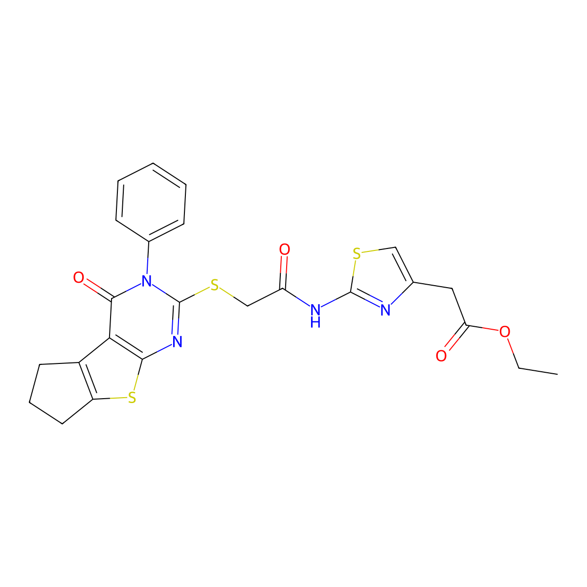 Ethyl 2-{2-[2-(4-oxo-3-phenyl-3,5,6,7-tetrahydrocyclopenta[2,1-d]pyrimidino[4, 5-b]thiophen-2-ylthio)acetylamino]-1,3-thiazol-4-yl}acetate molecular structure, CAS 327974-76-5