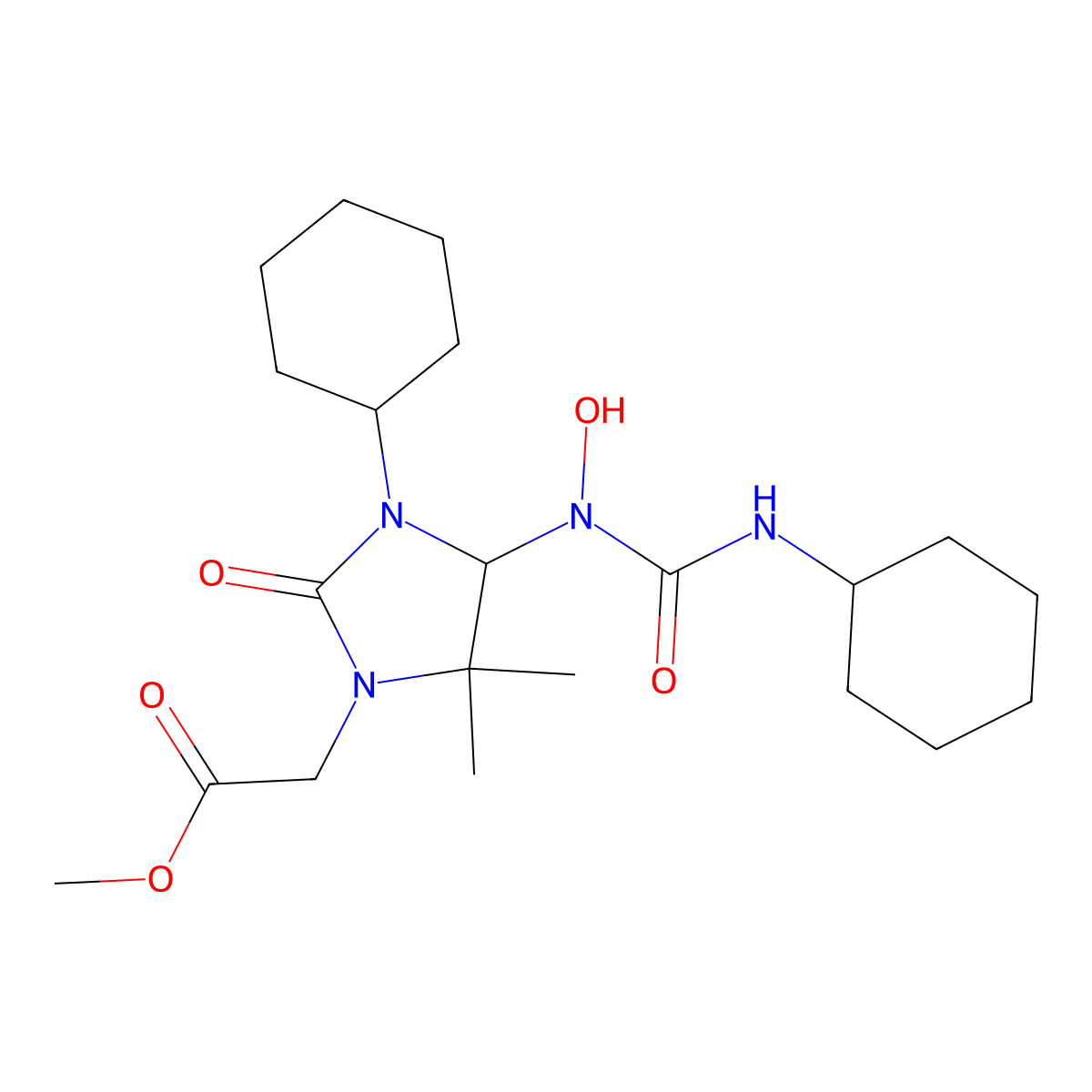 Methyl {3-cyclohexyl-4-[(cyclohexylcarbamoyl)(hydroxy)amino]-5,5-dimethyl-2-oxoimidazolidin-1-yl}acetate molecular structure, CAS 327983-04-0