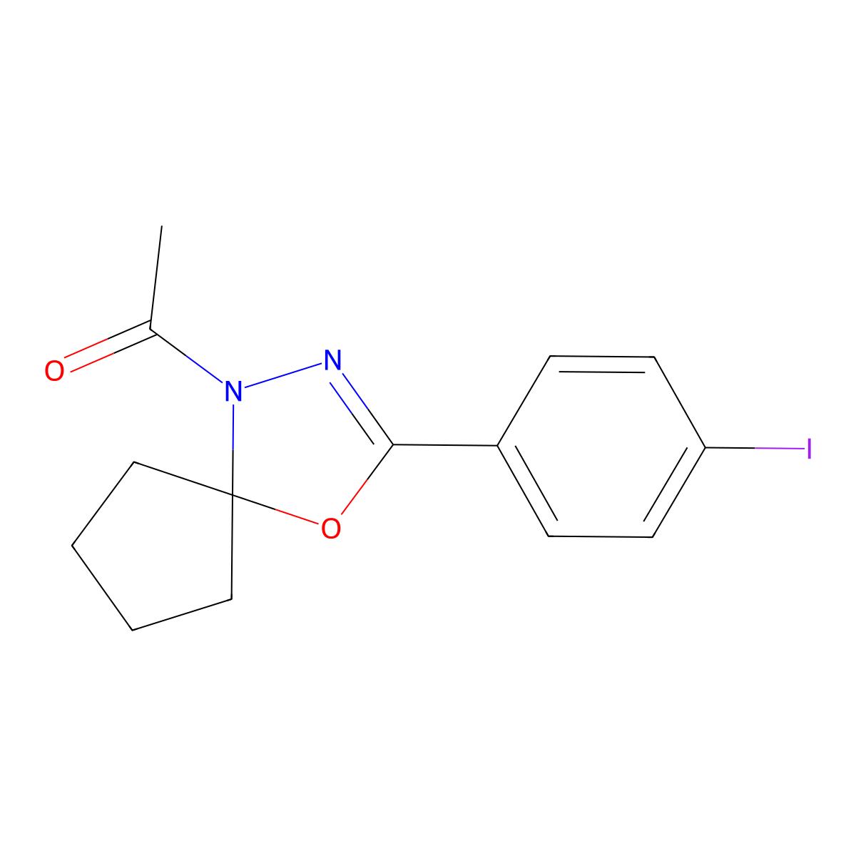1-Acetyl-3-(4-iodophenyl)-4-oxa-1,2-diazaspiro[4.4]non-2-ene molecular structure, CAS 327991-05-9