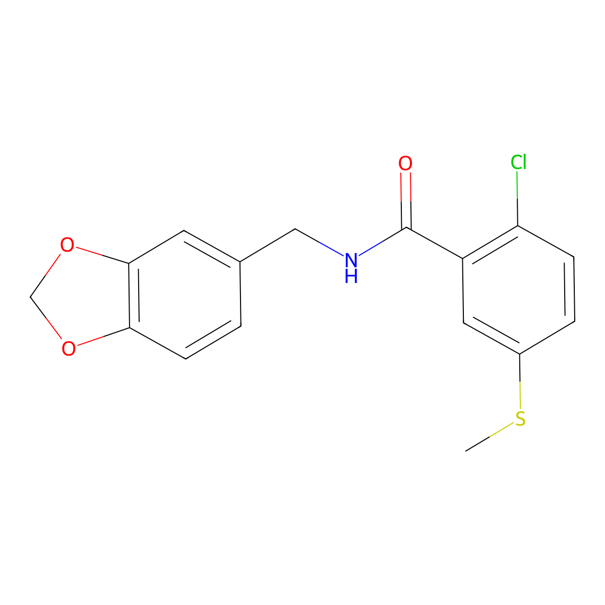 N-(1,3-benzodioxol-5-ylmethyl)-2-chloro-5-methylsulfanylbenzamide molecular structure, CAS 327999-70-2