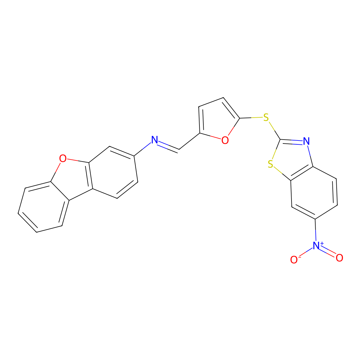 N-dibenzofuran-3-yl-1-[5-[(6-nitro-1,3-benzothiazol-2-yl)sulfanyl]furan-2-yl]methanimine molecular structure, CAS 328004-29-1