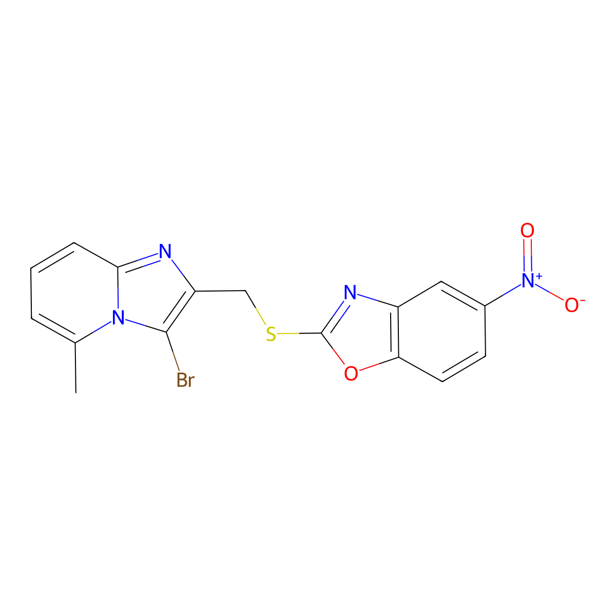 2-(((3-Bromo-5-methylimidazo[1,2-a]pyridin-2-yl)methyl)thio)-5-nitrobenzo[d]oxazole molecular structure, CAS 328016-91-7