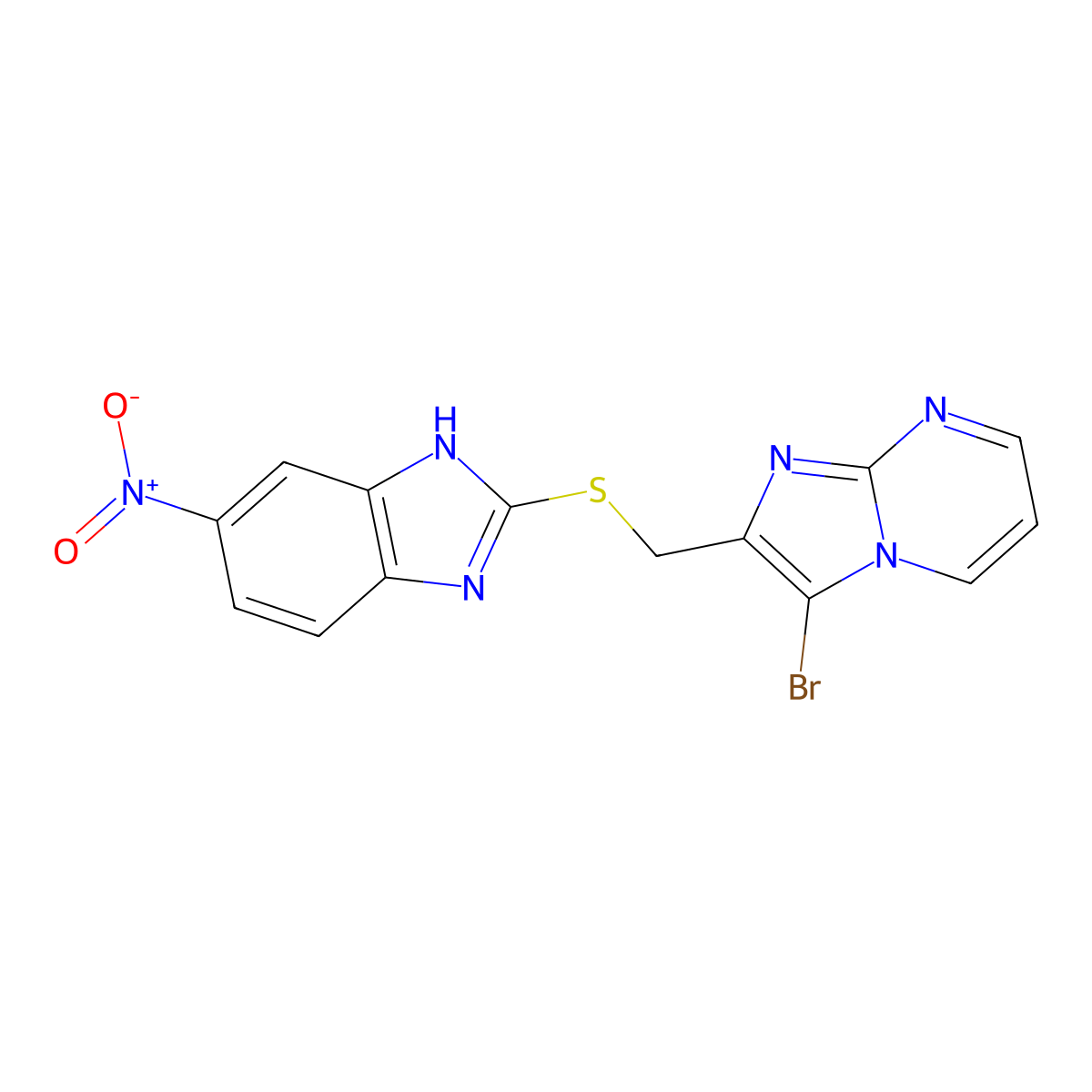 3-bromo-2-(((5-nitro-1H-benzo[d]imidazol-2-yl)thio)methyl)imidazo[1,2-a]pyrimidine molecular structure, CAS 328017-19-2