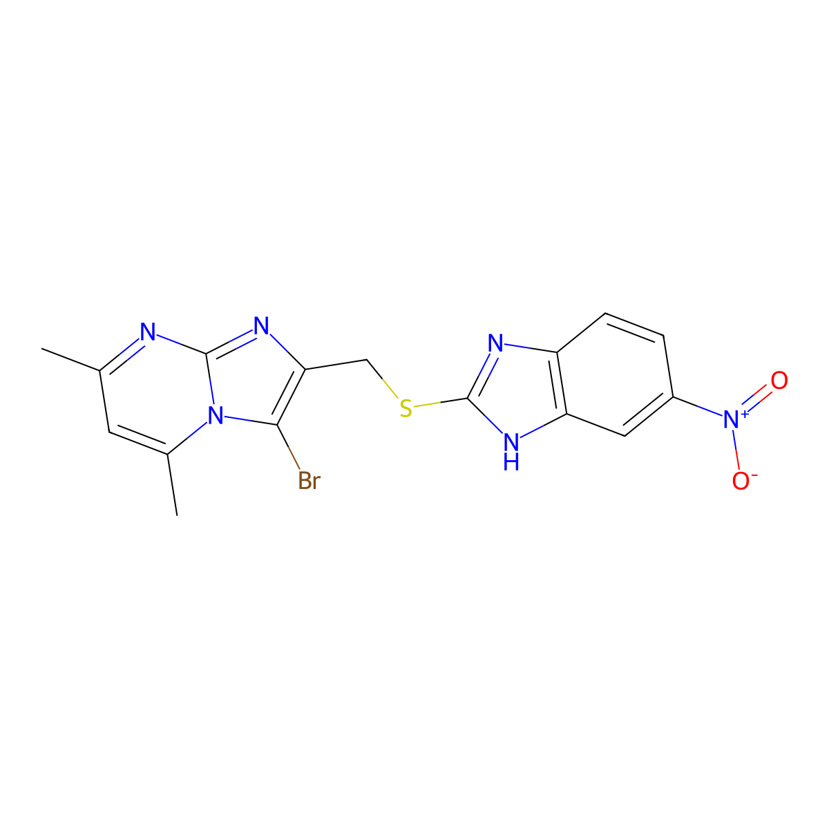 3-bromo-5,7-dimethyl-2-(((5-nitro-1H-benzo[d]imidazol-2-yl)thio)methyl)imidazo[1,2-a]pyrimidine molecular structure, CAS 328017-20-5