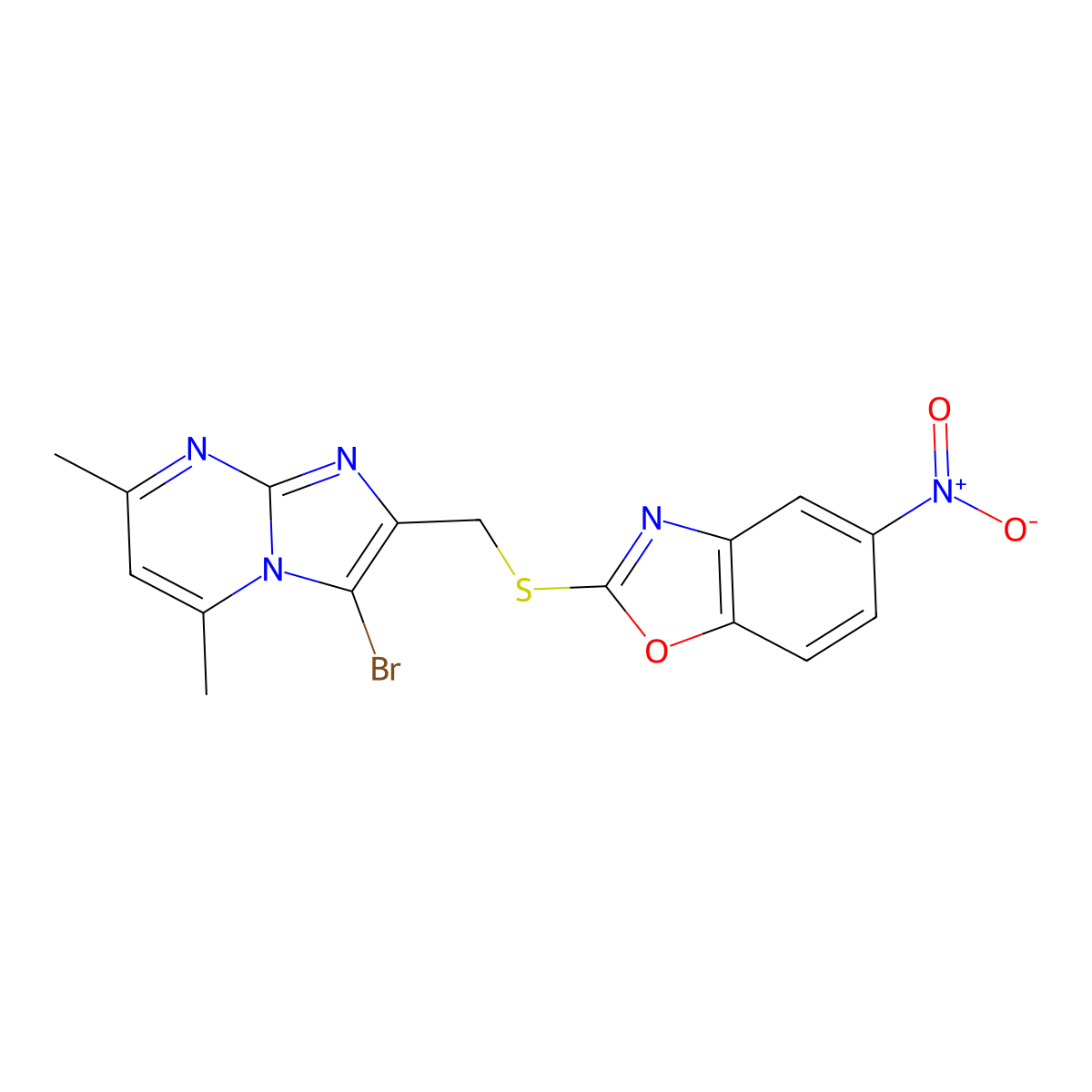 2-(((3-Bromo-5,7-dimethylimidazo[1,2-a]pyrimidin-2-yl)methyl)thio)-5-nitrobenzo[d]oxazole molecular structure, CAS 328017-22-7