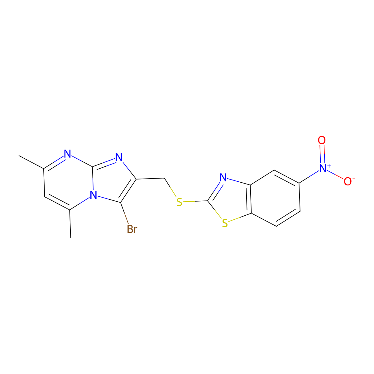 2-(((3-Bromo-5,7-dimethylimidazo[1,2-a]pyrimidin-2-yl)methyl)thio)-5-nitrobenzo[d]thiazole molecular structure, CAS 328017-24-9