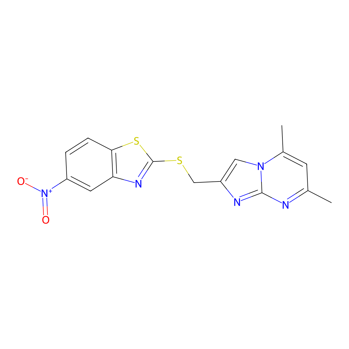 2-(((5,7-Dimethylimidazo[1,2-a]pyrimidin-2-yl)methyl)thio)-5-nitrobenzo[d]thiazole molecular structure, CAS 328017-26-1