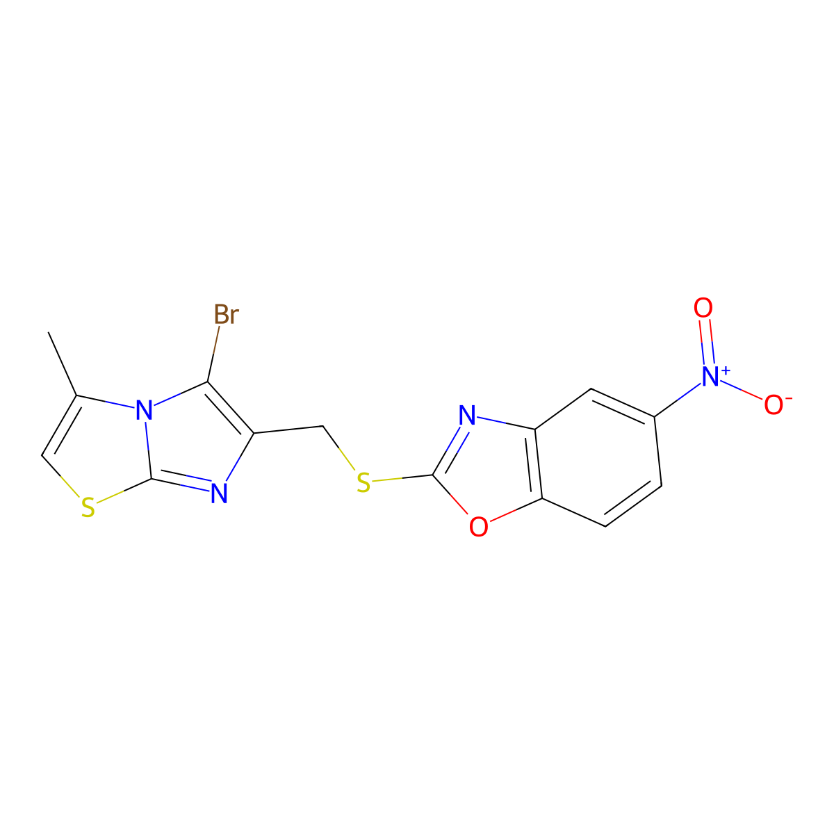 2-(((5-Bromo-3-methylimidazo[2,1-b]thiazol-6-yl)methyl)thio)-5-nitrobenzo[d]oxazole molecular structure, CAS 328017-40-9