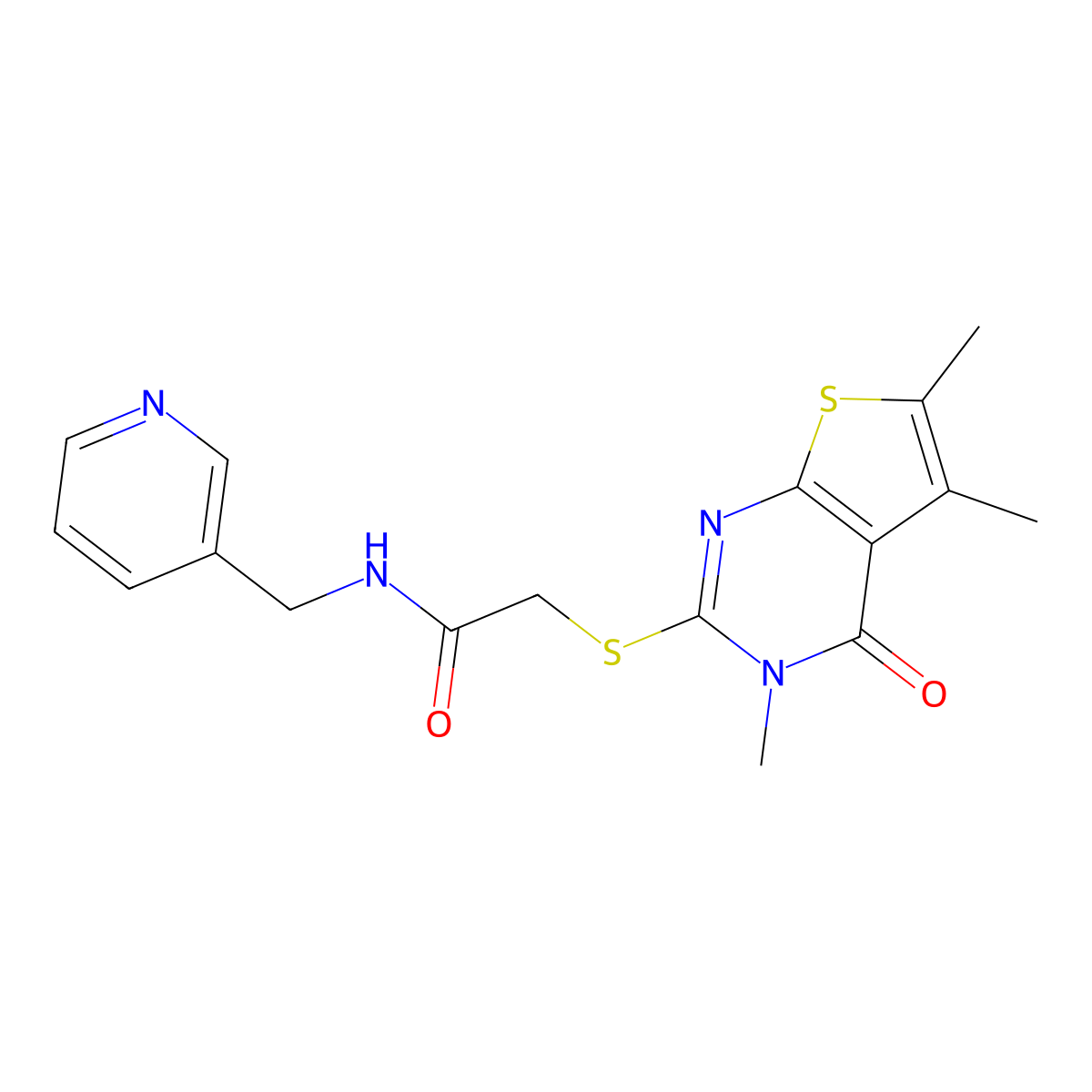 N-(pyridin-3-ylmethyl)-2-(3,5,6-trimethyl-4-oxothieno[2,3-d]pyrimidin-2-yl)sulfanylacetamide molecular structure, CAS 328018-02-6