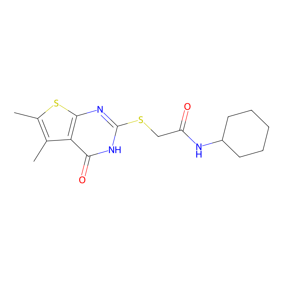 N-cyclohexyl-2-[(5,6-dimethyl-4-oxo-3H-thieno[2,3-d]pyrimidin-2-yl)sulfanyl]acetamide molecular structure, CAS 328018-08-2