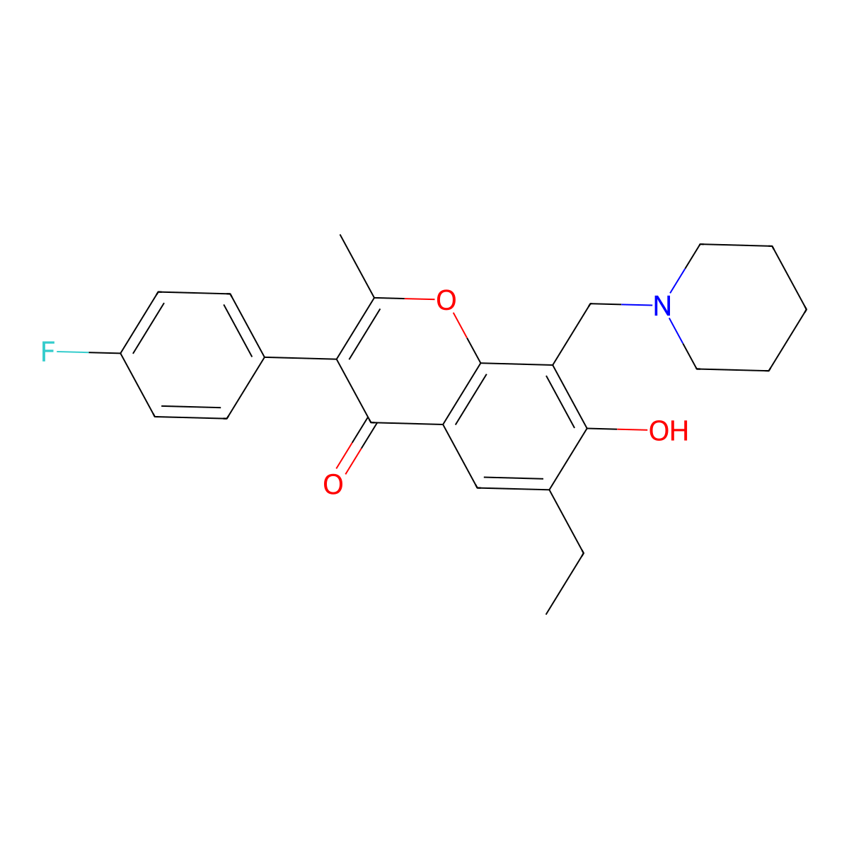 6-ethyl-3-(4-fluorophenyl)-7-hydroxy-2-methyl-8-(piperidin-1-ylmethyl)-4H-chromen-4-one molecular structure, CAS 328019-76-7