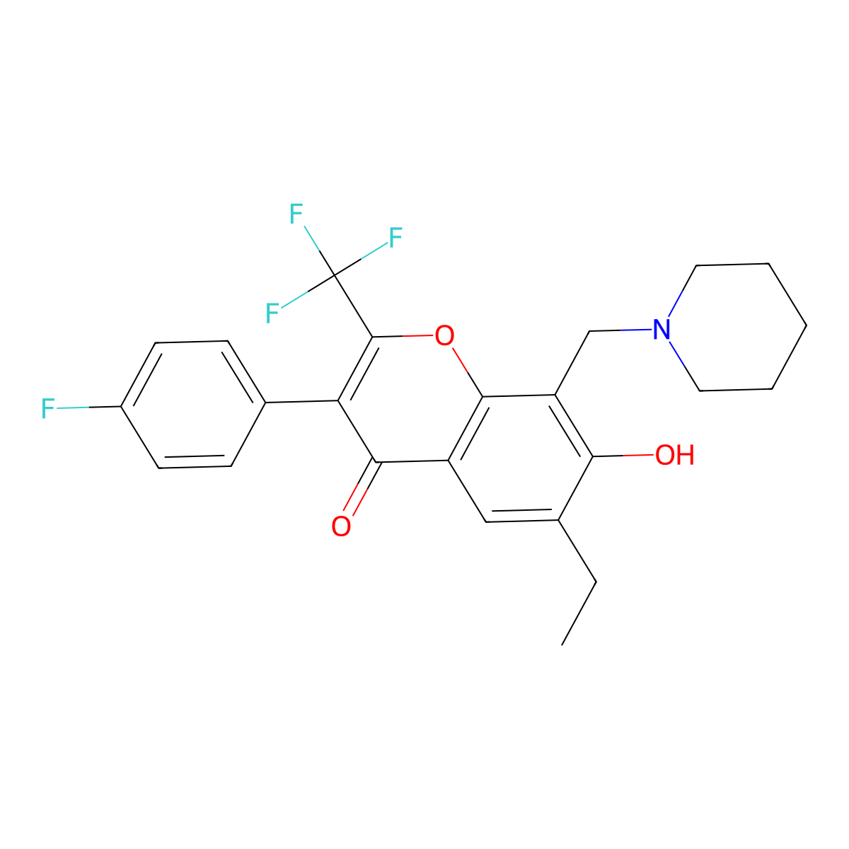 6-ethyl-3-(4-fluorophenyl)-7-hydroxy-8-(piperidin-1-ylmethyl)-2-(trifluoromethyl)-4H-chromen-4-one molecular structure, CAS 328019-77-8