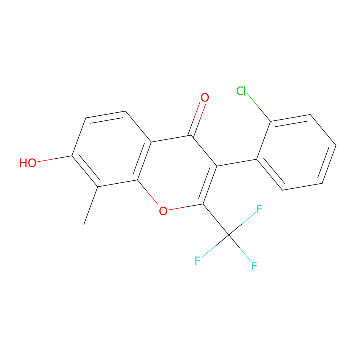 3-(2-Chloro-phenyl)-7-hydroxy-8-methyl-2-trifluoromethyl-chromen-4-one molecular structure, CAS 328019-92-7