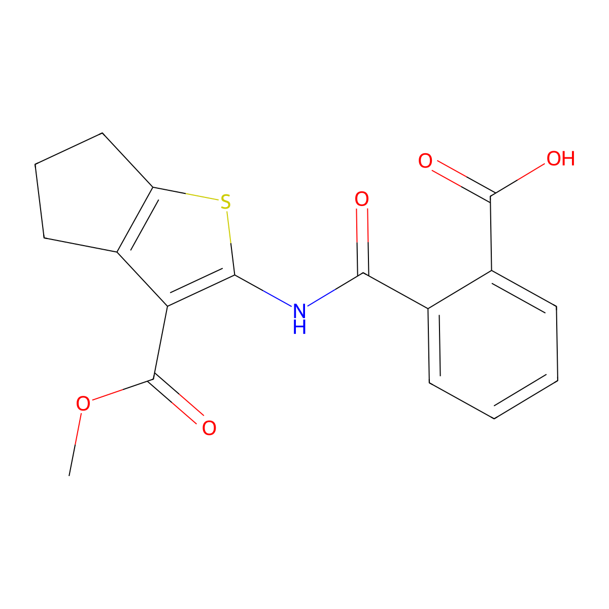 2-((3-(Methoxycarbonyl)-5,6-dihydro-4H-cyclopenta[b]thiophen-2-yl)carbamoyl)benzoic acid molecular structure, CAS 328024-25-5