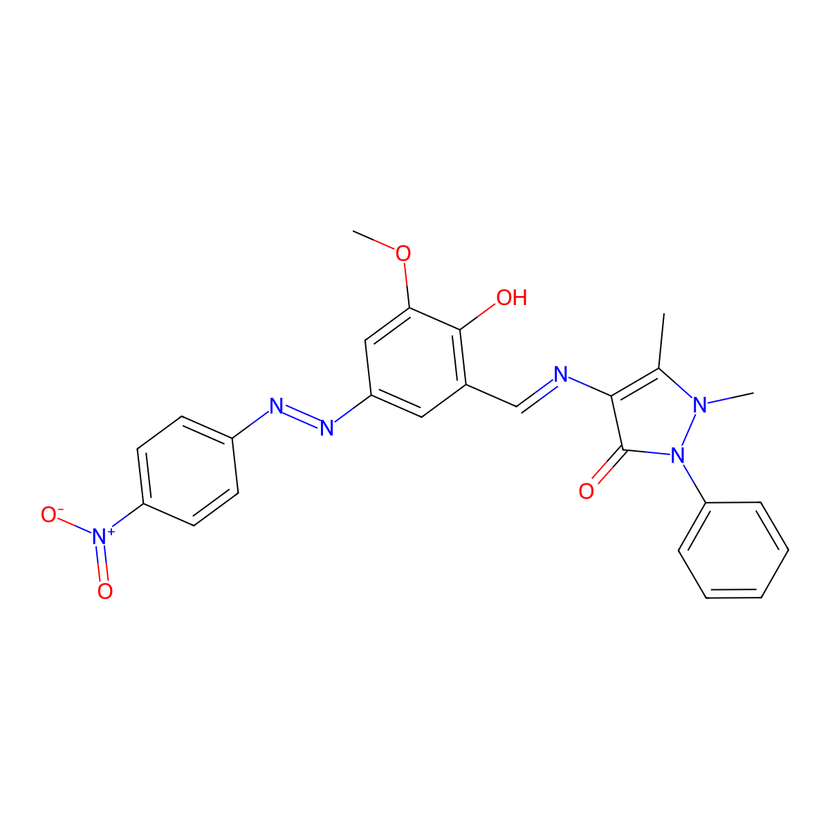 3H-Pyrazol-3-one, 1,2-dihydro-4-[[[2-hydroxy-3-methoxy-5-[2-(4-nitrophenyl)diazenyl]phenyl]methylene]amino]-1,5-dimethyl-2-phenyl- molecular structure, CAS 328030-30-4