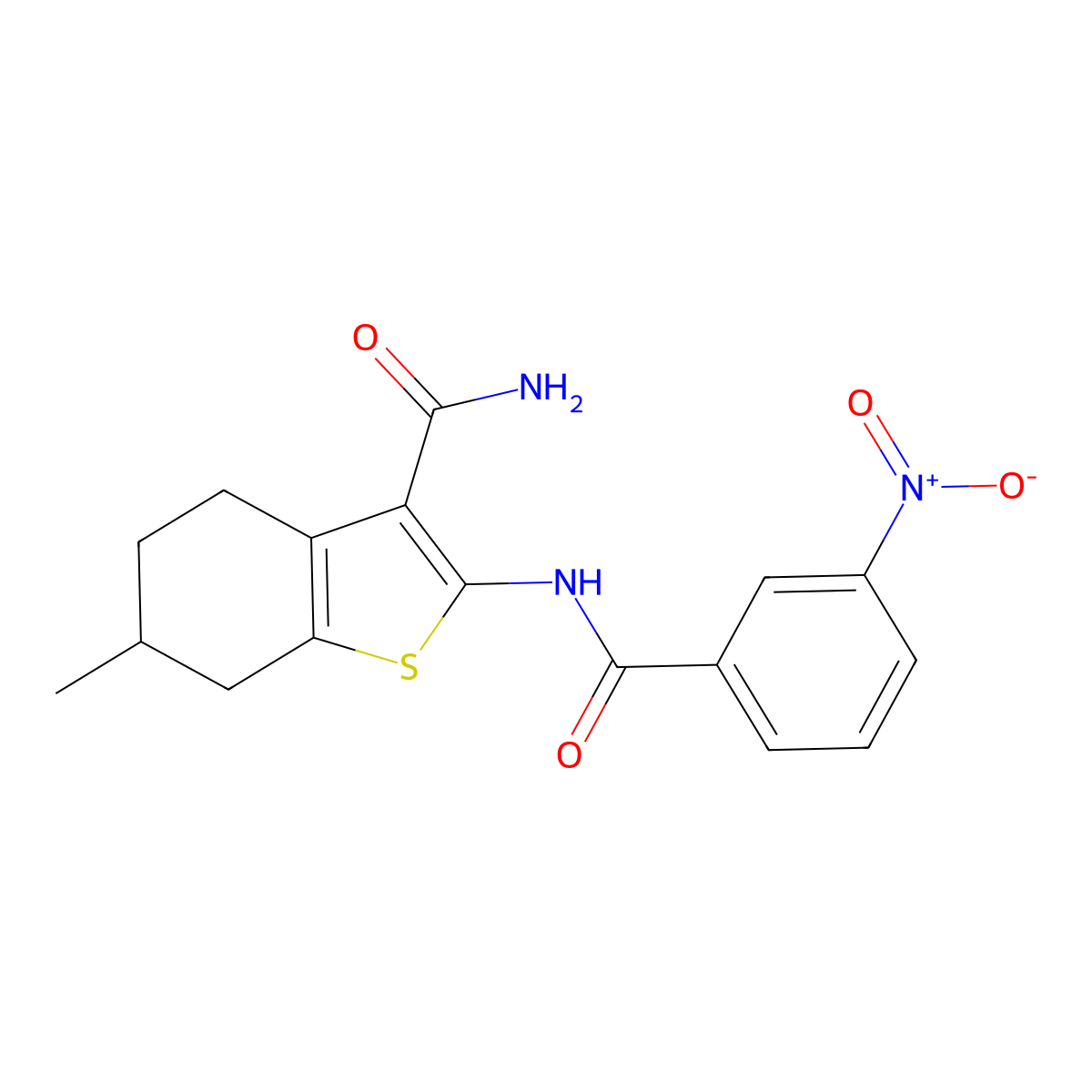 6-Methyl-2-(3-nitrobenzamido)-4,5,6,7-tetrahydro-1-benzothiophene-3-carboxamide molecular structure, CAS 328038-12-6