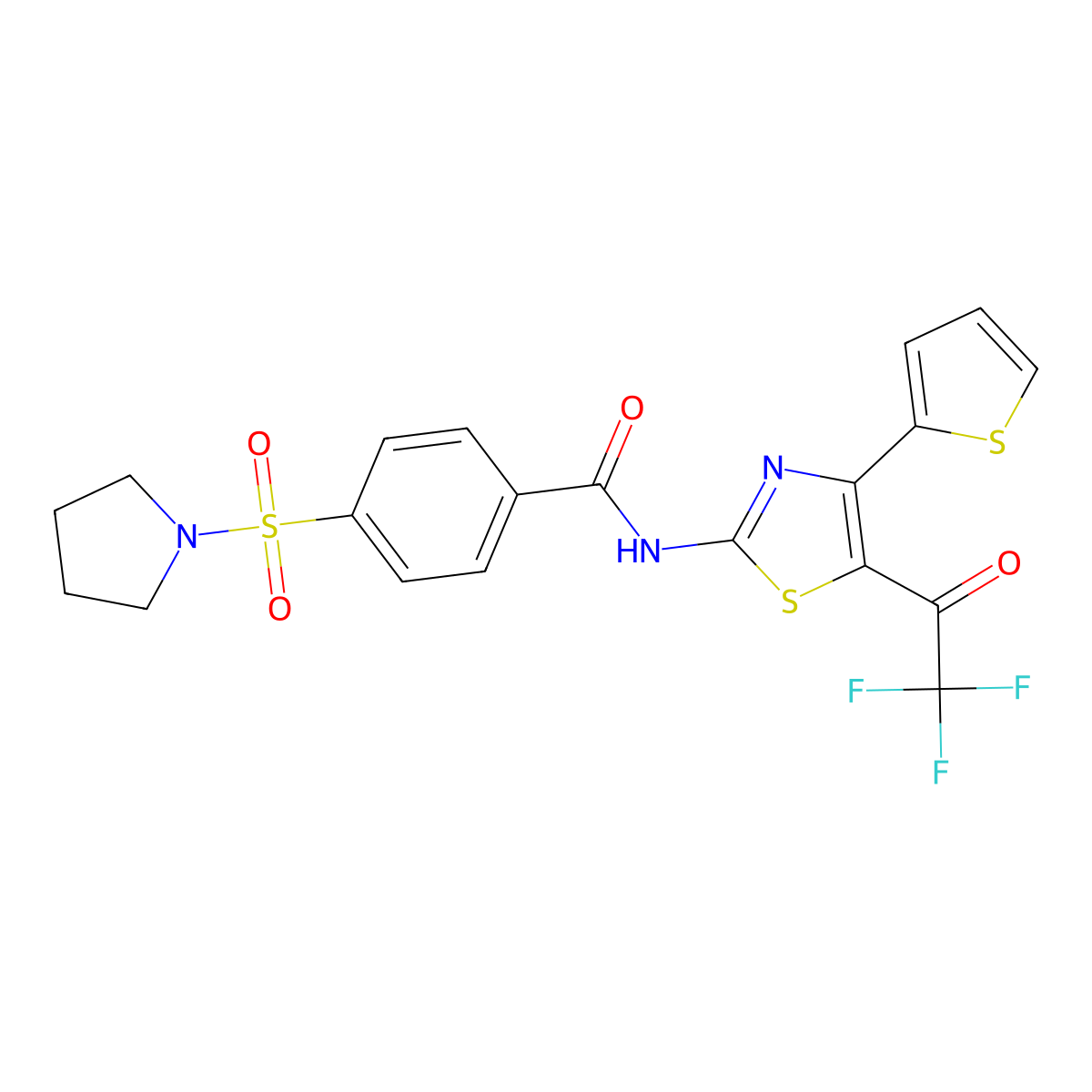 4-(pyrrolidin-1-ylsulfonyl)-N-(4-(thiophen-2-yl)-5-(2,2,2-trifluoroacetyl)thiazol-2-yl)benzamide molecular structure, CAS 328038-44-4
