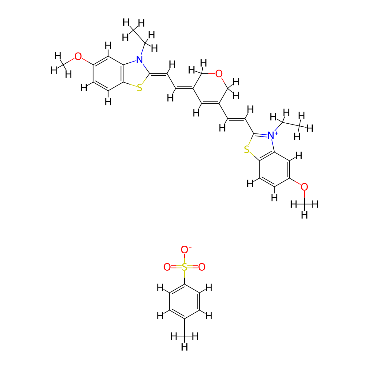 3-Ethyl-2-((E)-2-[5-((Z)-2-[3-ethyl-5-methoxy-1,3-benzothiazol-2(3H)-ylidene]ethylidene)-2H-pyran-3(6H)-YL]ethenyl)-5-methoxy-1,3-benzothiazol-3-ium 4-methylbenzenesulfonate molecular structure, CAS 328063-95-2