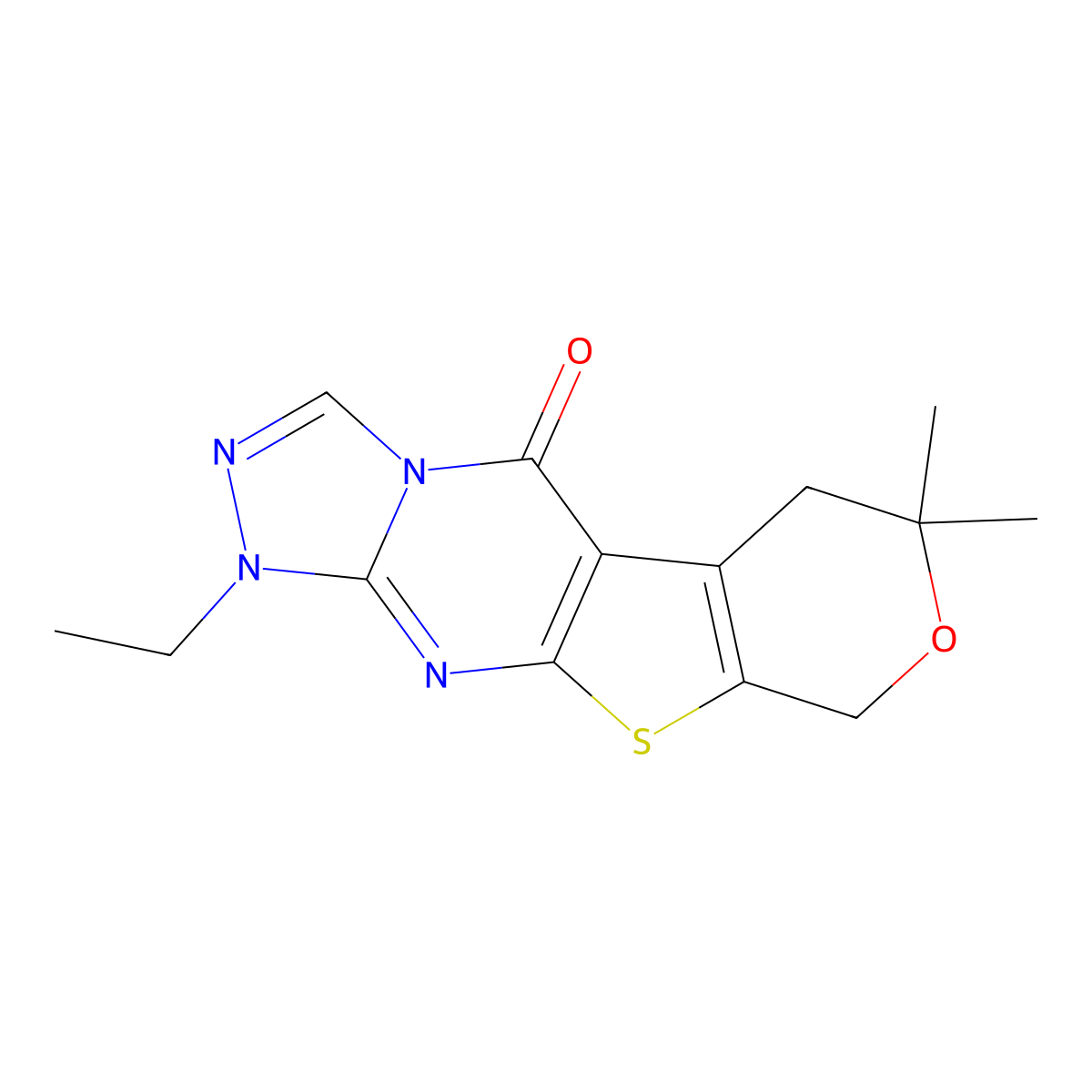 1-ethyl-7,7-dimethyl-6,7-dihydro-1H-pyrano[4',3':4,5]thieno[2,3-d][1,2,4]triazolo[4,3-a]pyrimidin-5(9H)-one molecular structure, CAS 328068-26-4