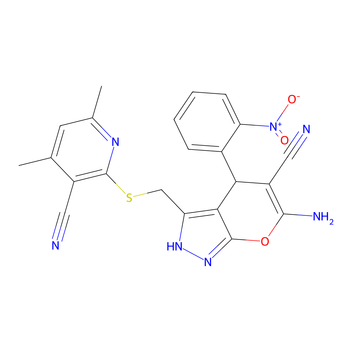 6-Amino-3-[(3-cyano-4,6-dimethylpyridin-2-yl)sulfanylmethyl]-4-(2-nitrophenyl)-2,4-dihydropyrano[2,3-c]pyrazole-5-carbonitrile molecular structure, CAS 328068-41-3