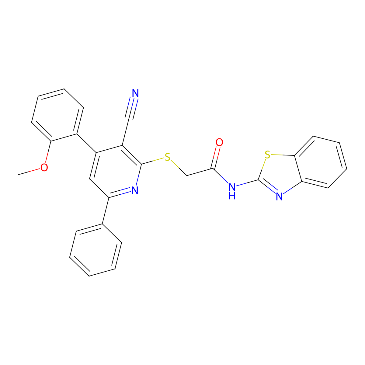 N-(1,3-benzothiazol-2-yl)-2-[3-cyano-4-(2-methoxyphenyl)-6-phenylpyridin-2-yl]sulfanylacetamide molecular structure, CAS 328068-44-6