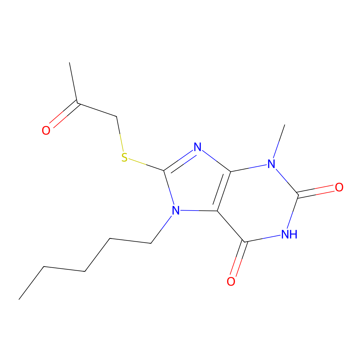 3-Methyl-8-(2-oxopropylsulfanyl)-7-pentylpurine-2,6-dione molecular structure, CAS 328068-58-2