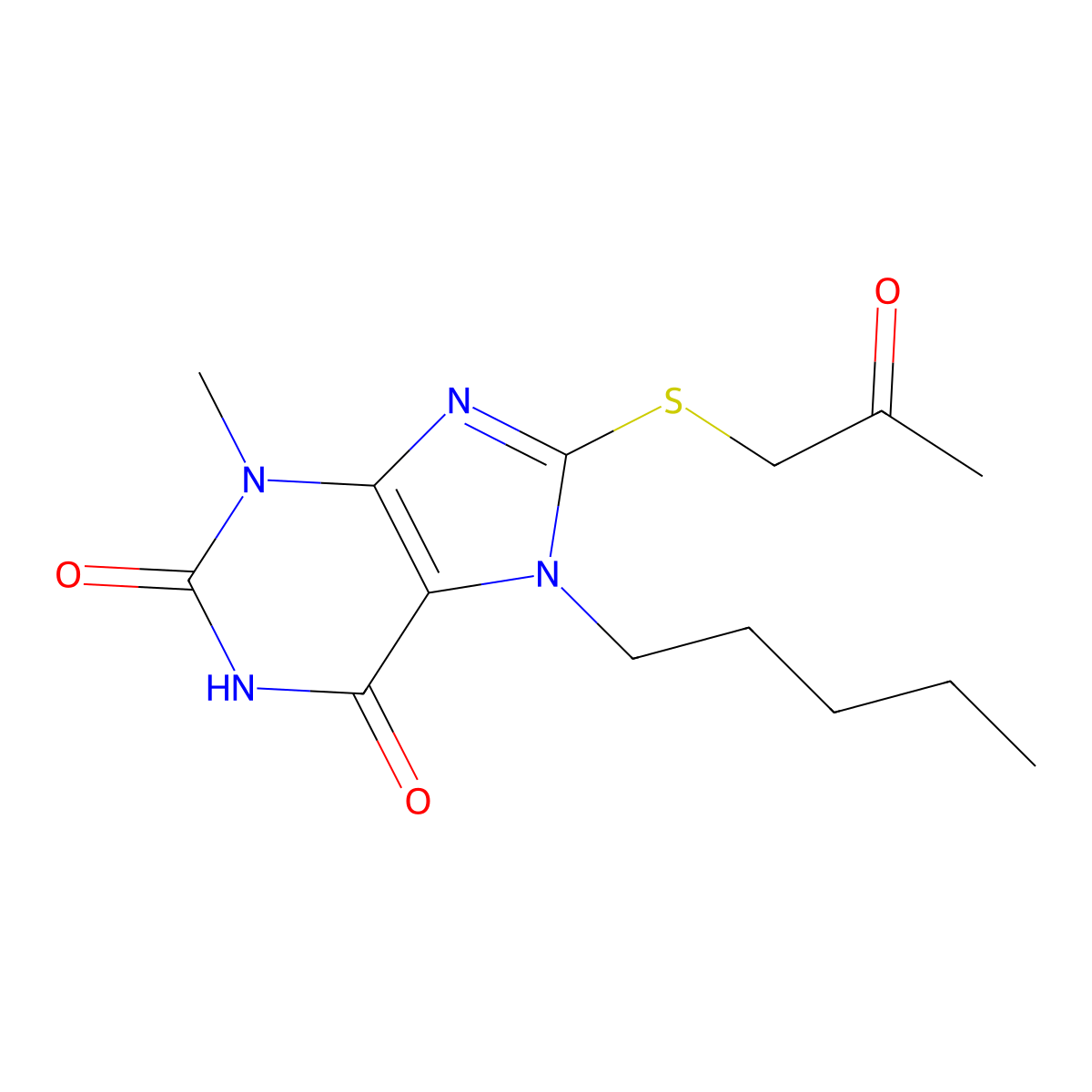 3-Methyl-8-(2-oxopropylsulfanyl)-7-pentylpurine-2,6-dione molecular structure, CAS 328068-58-2
