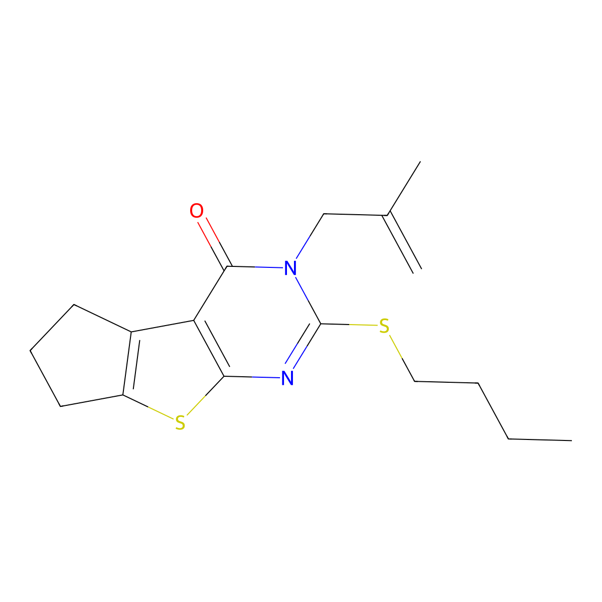 3-butylsulfanyl-2-(2-methylprop-2-enyl)-7,8-dihydro-6H-cyclopenta[2,3]thieno[2,4-b]pyrimidin-1-one molecular structure, CAS 328068-63-9