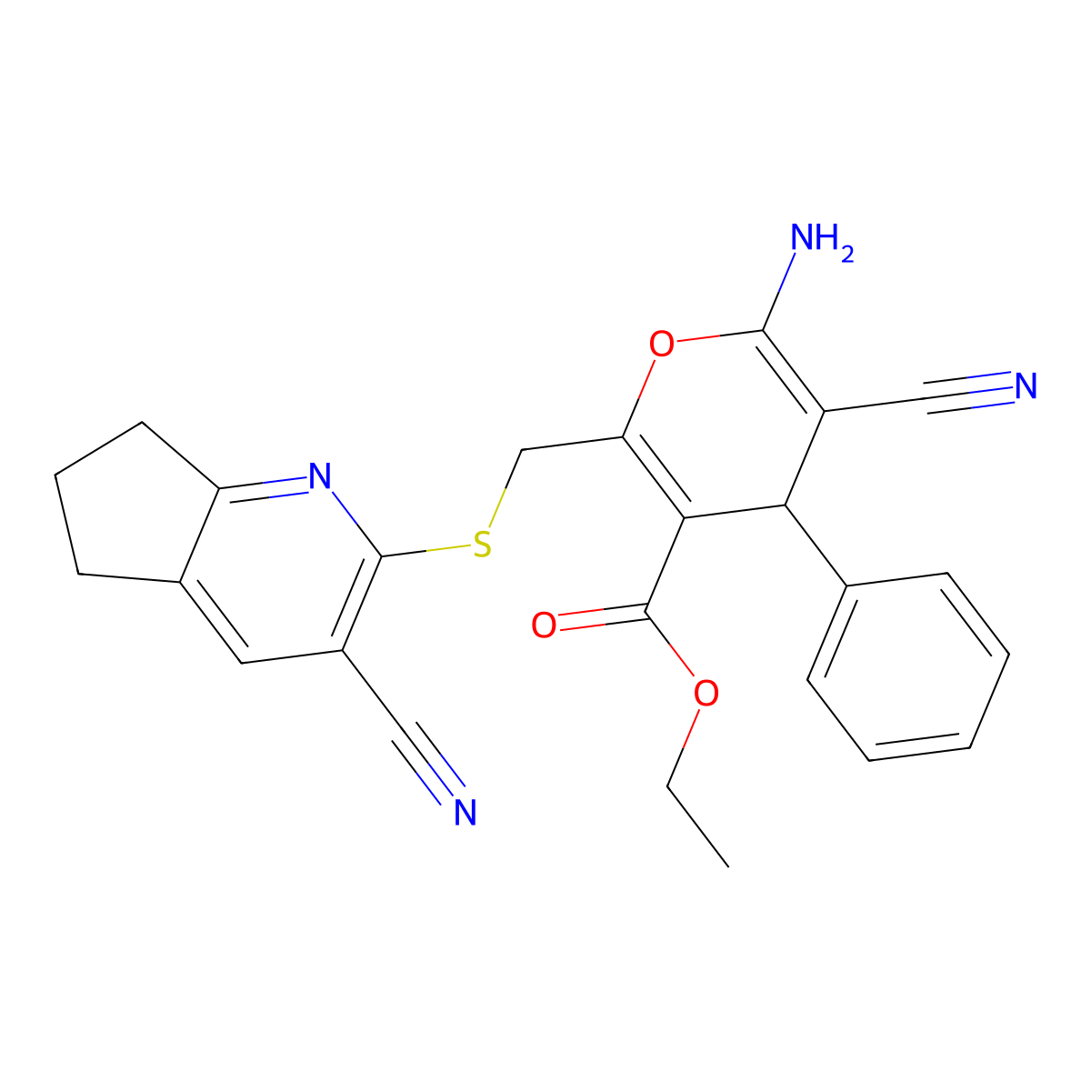 ethyl 6-amino-5-cyano-2-[(3-cyano-6,7-dihydro-5H-cyclopenta[b]pyridin-2-yl)sulfanylmethyl]-4-phenyl-4H-pyran-3-carboxylate molecular structure, CAS 328068-80-0