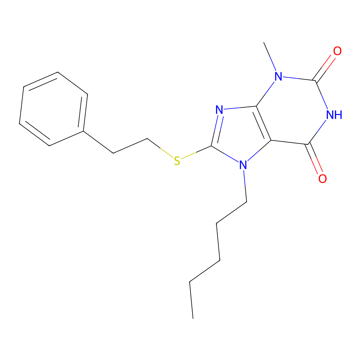 3-Methyl-7-pentyl-8-(2-phenylethylthio)purine-2,6-dione molecular structure, CAS 328068-83-3