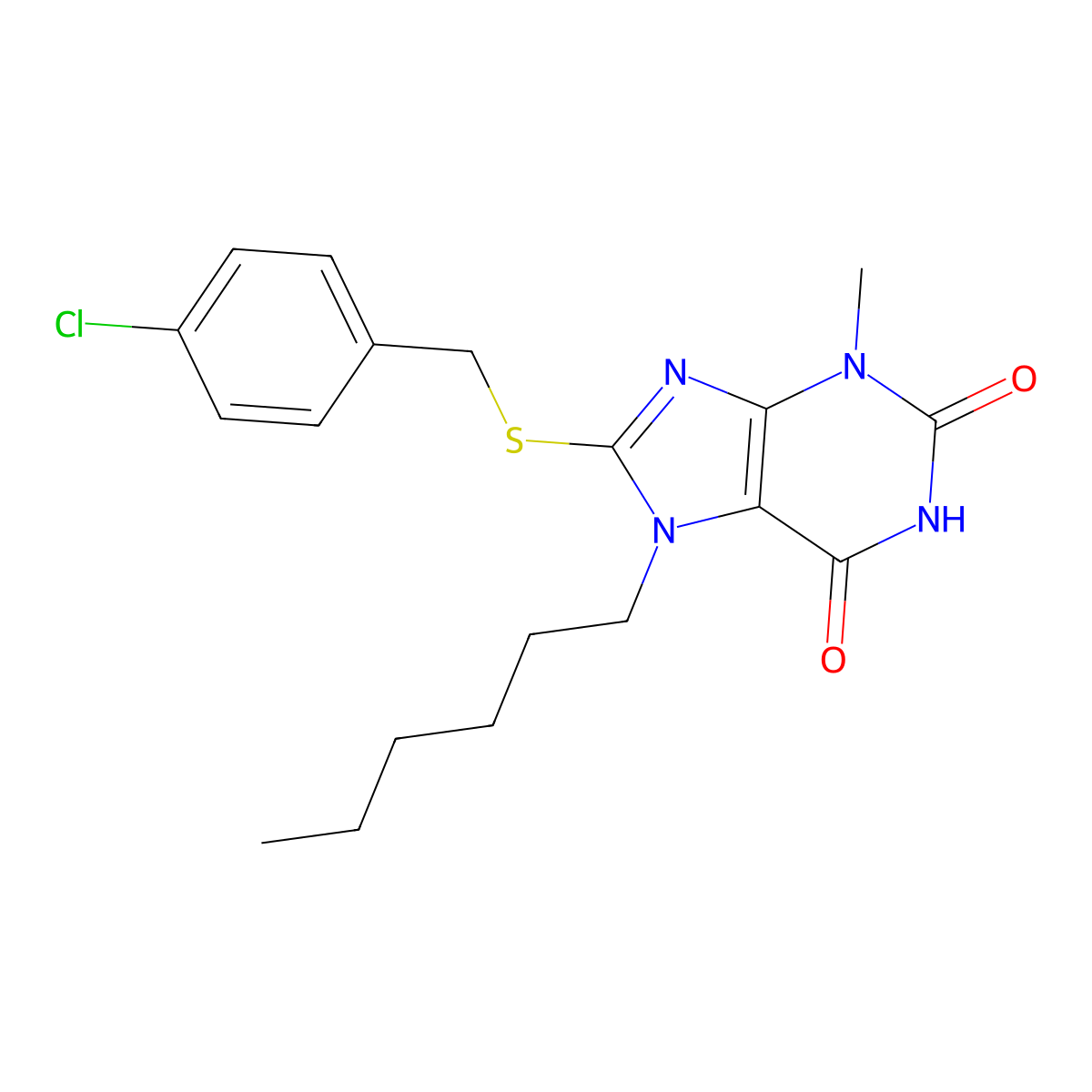 8-[(4-chlorobenzyl)sulfanyl]-7-hexyl-3-methyl-3,7-dihydro-1H-purine-2,6-dione molecular structure, CAS 328068-88-8