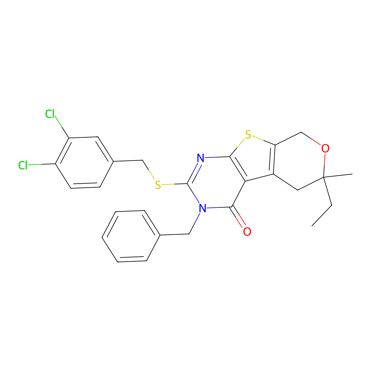3-benzyl-2-[(3,4-dichlorobenzyl)sulfanyl]-6-ethyl-6-methyl-3,5,6,8-tetrahydro-4H-pyrano[4',3':4,5]thieno[2,3-d]pyrimidin-4-one molecular structure, CAS 328069-03-0