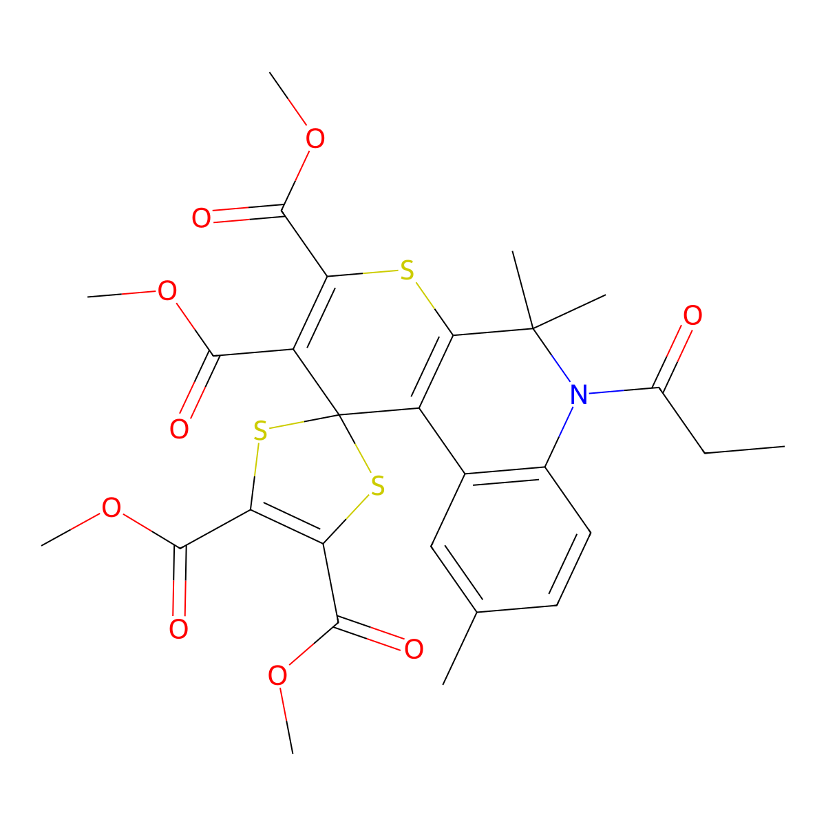 Tetramethyl 5',5',9'-trimethyl-6'-propanoylspiro[1,3-dithiole-2,1'-thiopyrano[2,3-c]quinoline]-2',3',4,5-tetracarboxylate molecular structure, CAS 328069-39-2