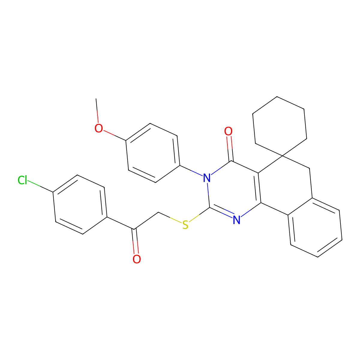 2-[2-(4-chlorophenyl)-2-oxoethyl]sulfanyl-3-(4-methoxyphenyl)spiro[6H-benzo[h]quinazoline-5,1'-cyclohexane]-4-one molecular structure, CAS 328069-50-7