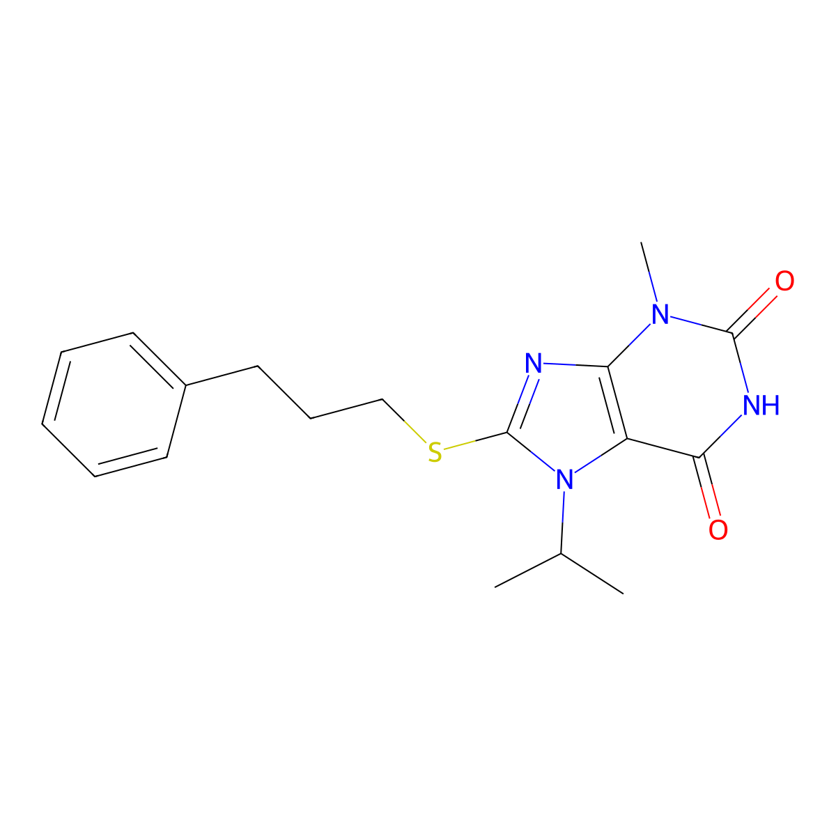 3-Methyl-8-(3-phenylpropylsulfanyl)-7-propan-2-ylpurine-2,6-dione molecular structure, CAS 328069-60-9