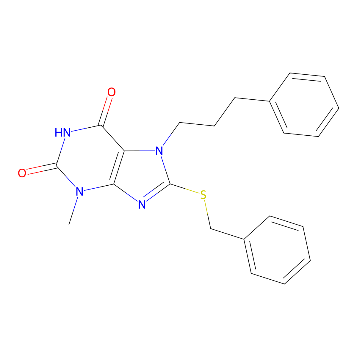 8-(benzylsulfanyl)-3-methyl-7-(3-phenylpropyl)-3,7-dihydro-1H-purine-2,6-dione molecular structure, CAS 328069-72-3